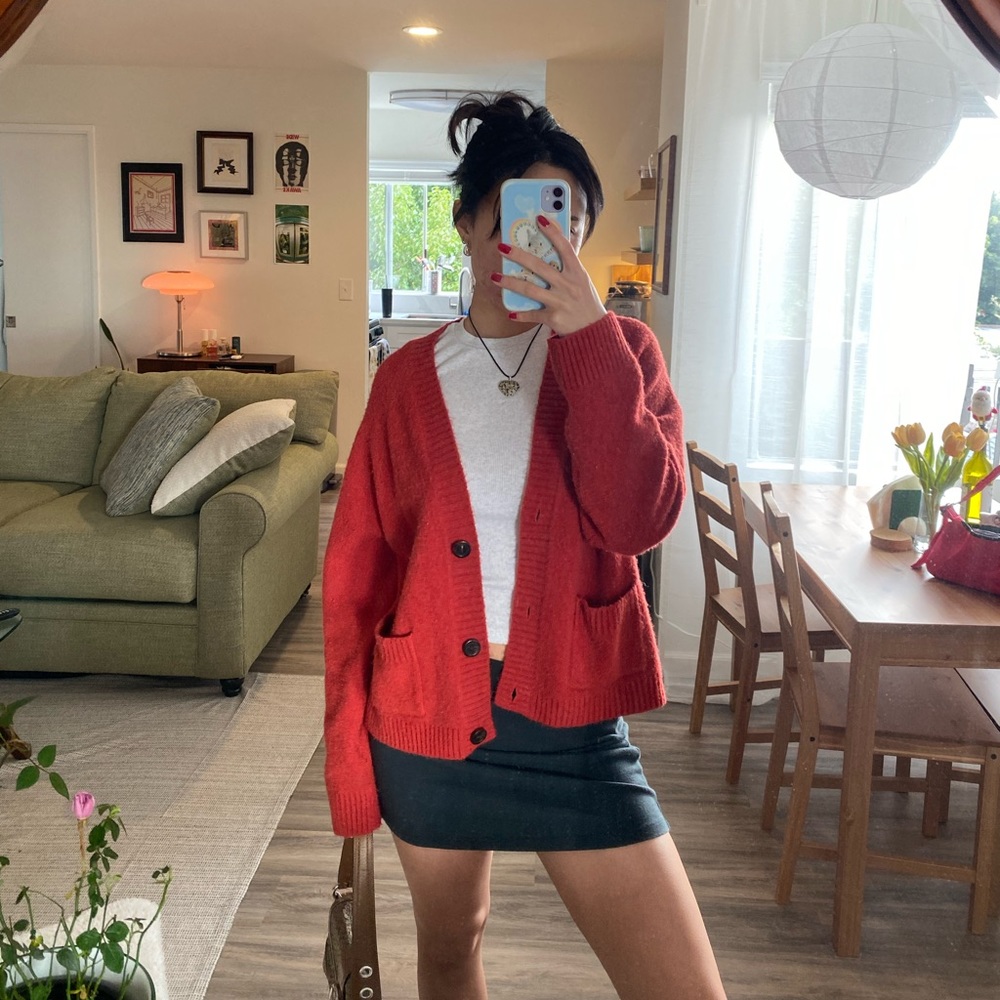Uniqlo red button down cardigan